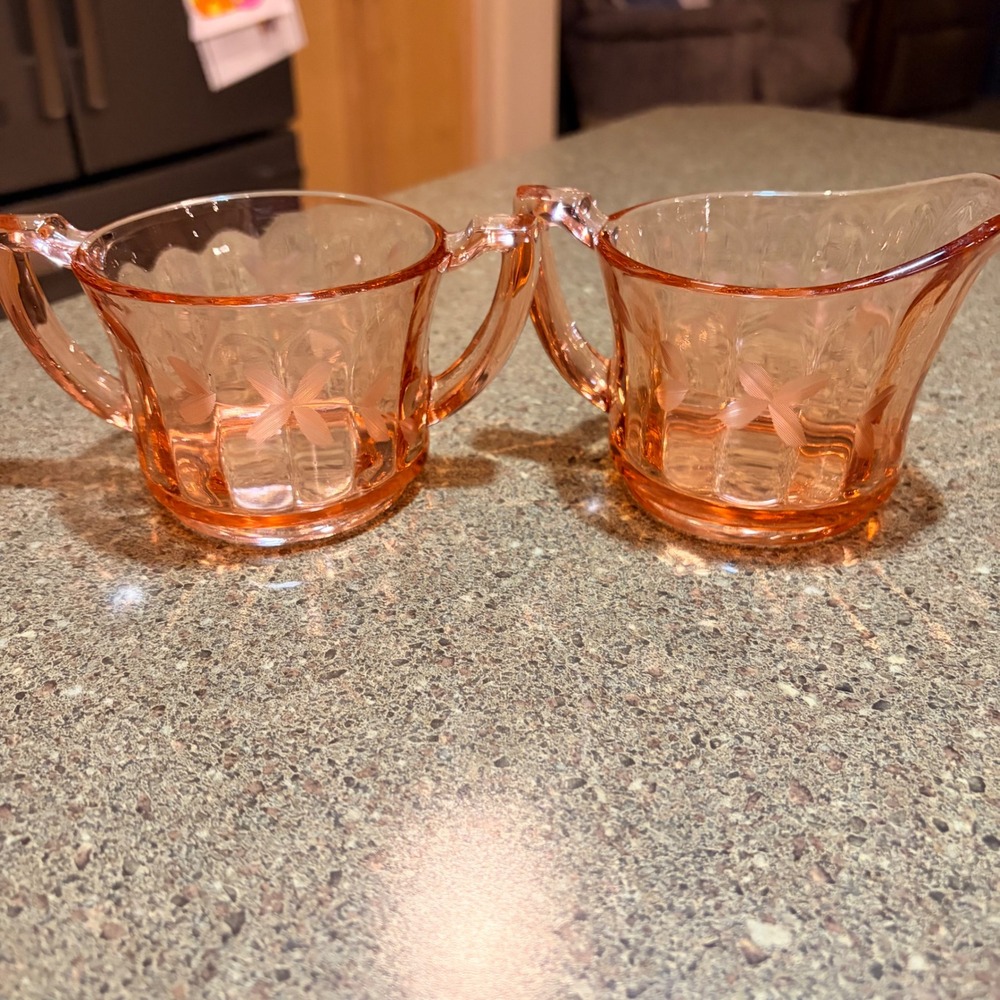 Pink Etched Floral Creamer and Sugar Bowl Set Art Deco